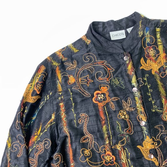 Chico's Silk Beaded Blouse - Size Medium (Chicos 1) - Black Embellished Floral - Picture 3 of 13